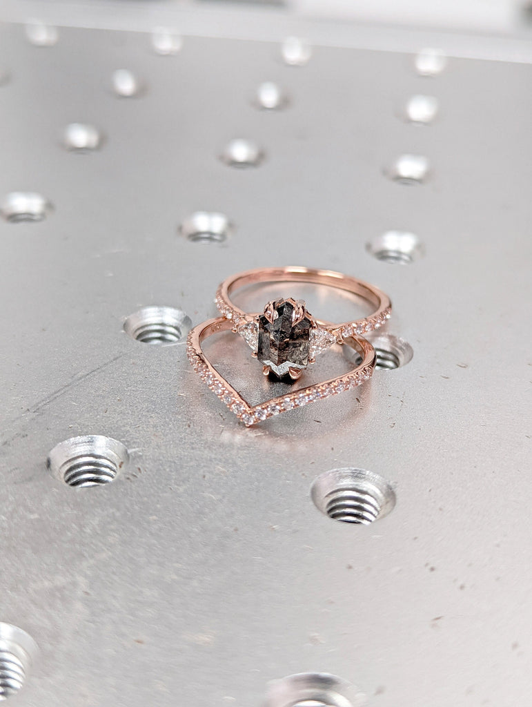 Raw Diamond Hexagon Triangle Diamond, Salt and Pepper, Unique Engagement Ring, Rose Cut Geometric Diamond Ring, 14k Gold, Custom Handmade