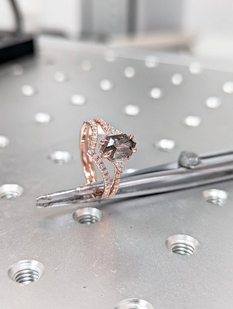 Raw Diamond Hexagon Triangle Diamond, Salt and Pepper, Unique Engagement Ring, Rose Cut Geometric Diamond Ring, 14k Gold, Custom Handmade