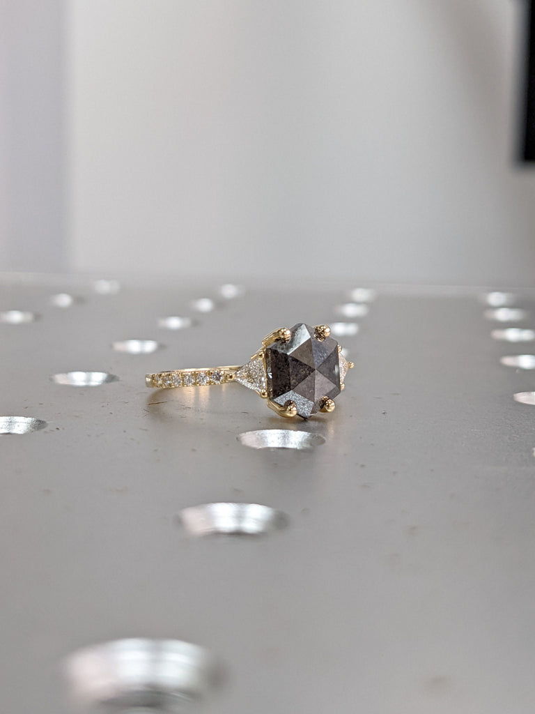 Raw Diamond Hexagon Triangle Diamond, Salt and Pepper, Unique Engagement Ring, Rose Cut Geometric Diamond Ring, 14k Gold, Custom Handmade