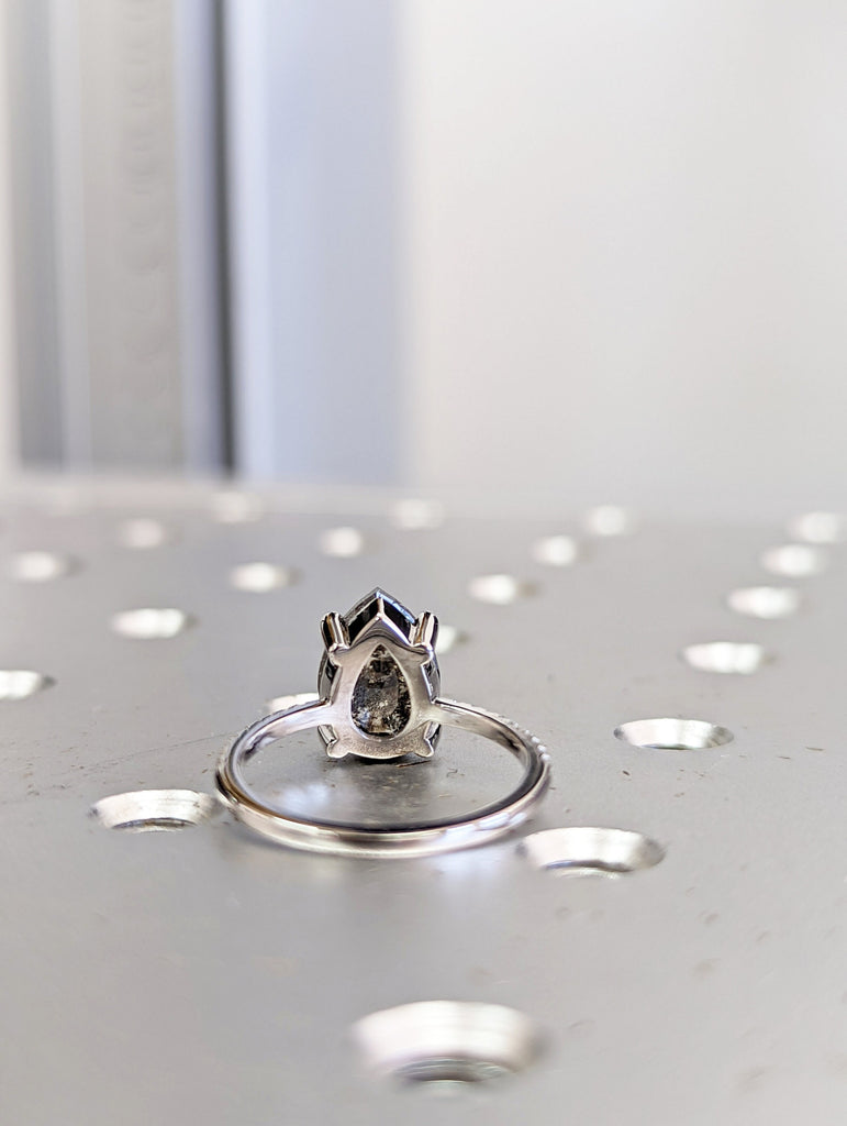 1920's Raw Salt and Pepper Diamond, Pear Diamond Ring, Unique Engagement Bridal Set, Black, Gray Pear, 14k Yellow, Rose, or White Gold