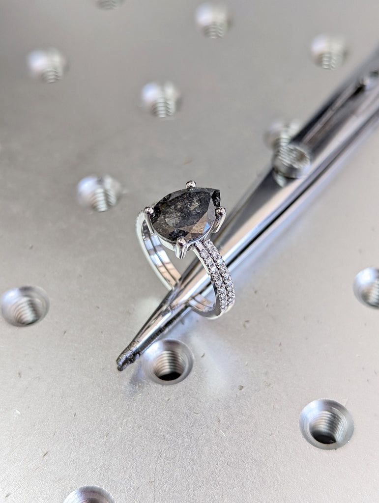 1920's Raw Salt and Pepper Diamond, Pear Diamond Ring, Unique Engagement Bridal Set, Black, Gray Pear, 14k Yellow, Rose, or White Gold