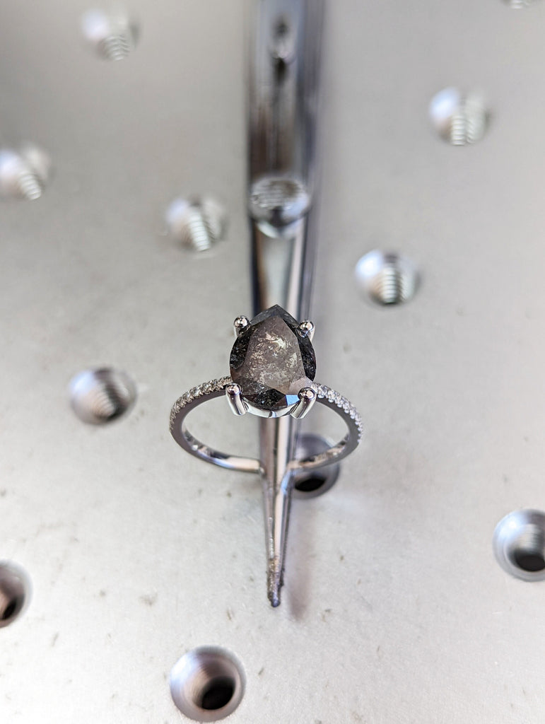 1920's Raw Salt and Pepper Diamond, Pear Diamond Ring, Unique Engagement Bridal Set, Black, Gray Pear, 14k Yellow, Rose, or White Gold