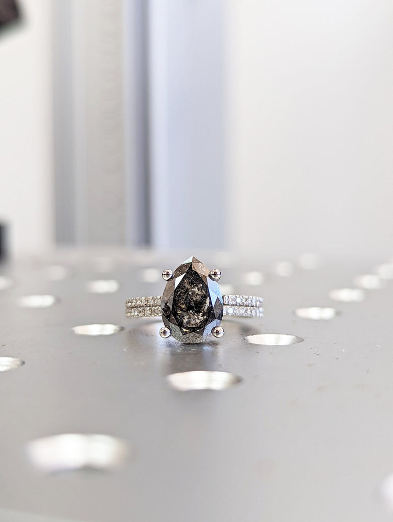 1920's Raw Salt and Pepper Diamond, Pear Diamond Ring, Unique Engagement Bridal Set, Black, Gray Pear, 14k Yellow, Rose, or White Gold