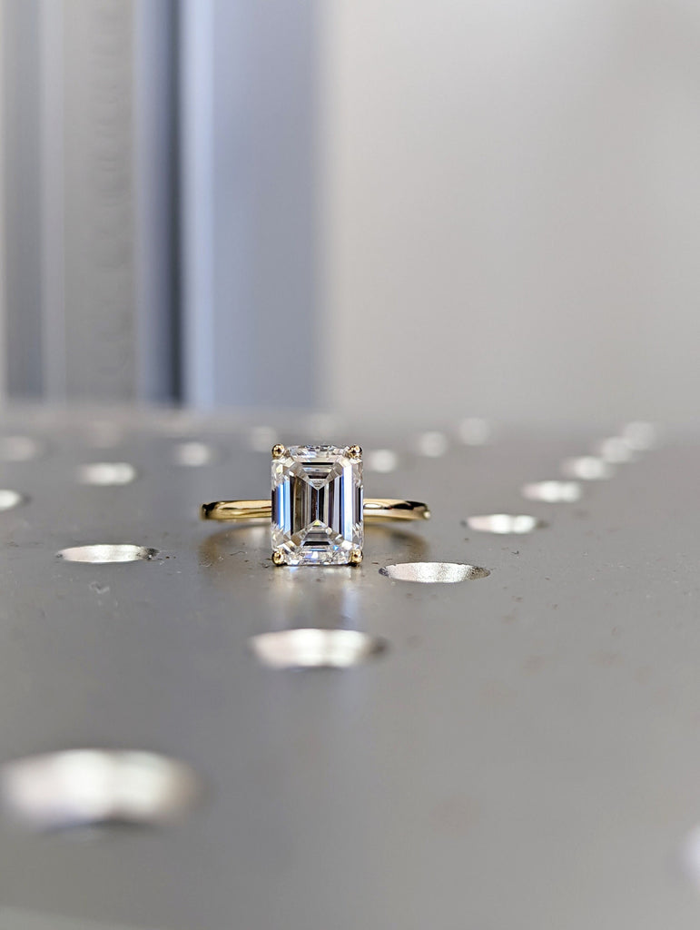 Hidden Halo Emerald Cut Solitaire Engagement Ring, Emerald Cut Engagement Ring, Emerald Cut Ring, 2.5Ct Solid 14k Moissanite Engagement Ring