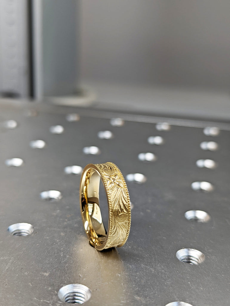 14k yellow gold brushed nature inspired ring, Floral, Engraved, Milgrained, Beveled, 14K Yellow Gold, Wedding Band