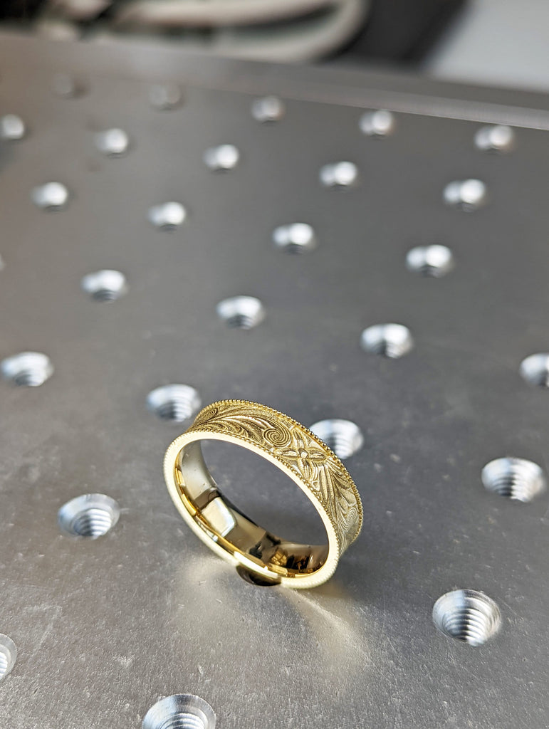 14k yellow gold brushed nature inspired ring, Floral, Engraved, Milgrained, Beveled, 14K Yellow Gold, Wedding Band