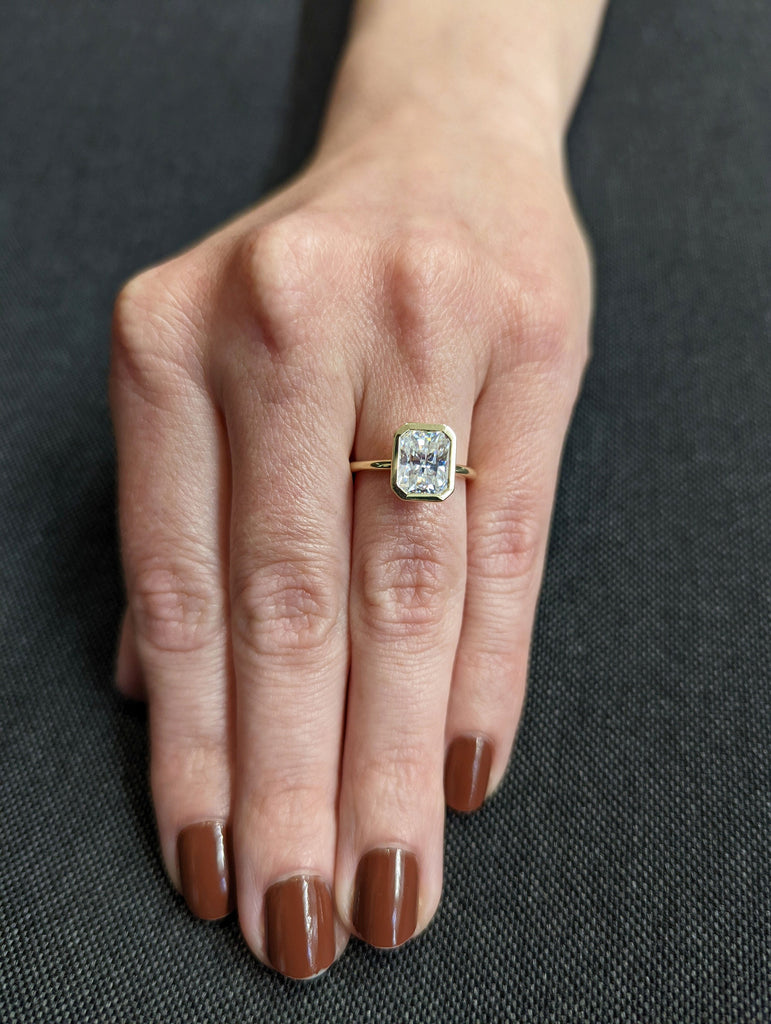 Bezel Radiant Cut Engagement Ring Yellow Gold ring Diamond Simulant ring Promise Ring Stacking ring Moissanite Solitaire Ring Gift for her
