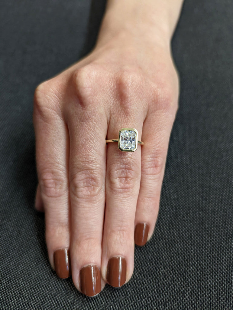 Bezel Radiant Cut Engagement Ring Yellow Gold ring Diamond Simulant ring Promise Ring Stacking ring Moissanite Solitaire Ring Gift for her