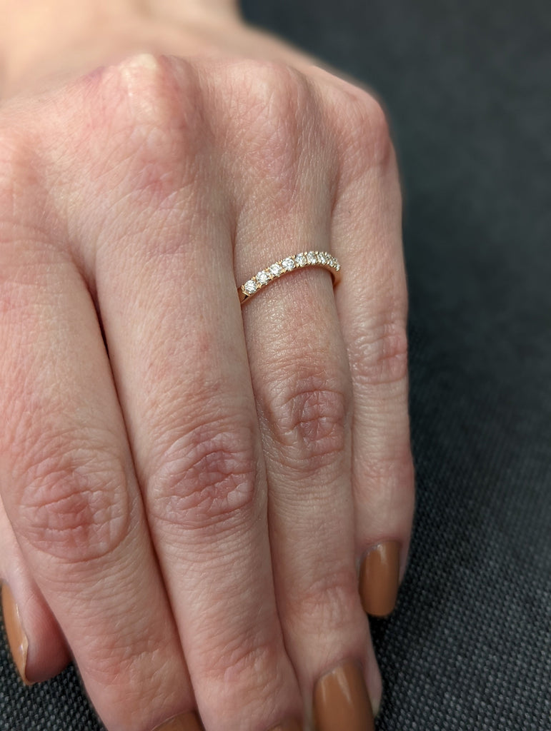 Curved White Diamond Half Eternity Thin 14K Rose Gold Wedding Ring, Vintage Ring Stacking