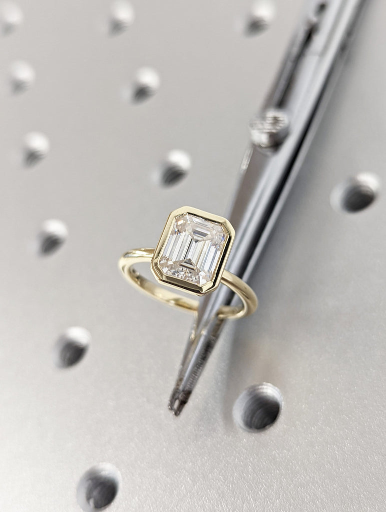 2CT Emerald Cut Moissanite Solitaire Ring, 14K Yellow Gold Engagement Ring, Bezel Setting, Statement Ring, Gift For Her, Bridal Set