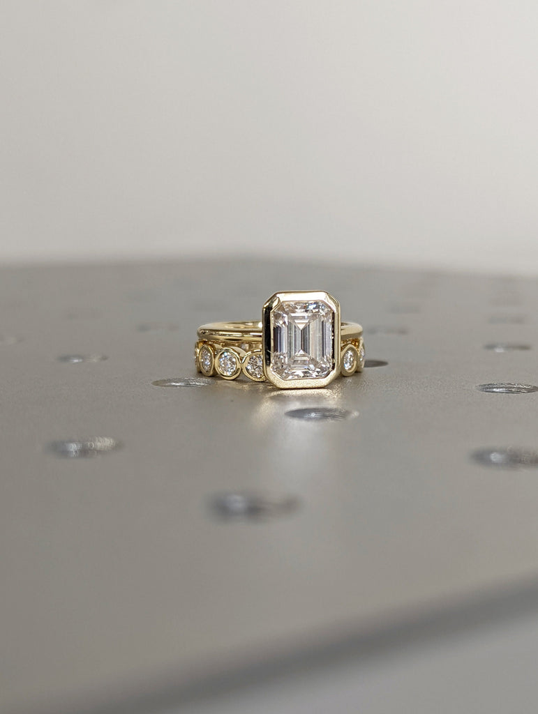 2CT Emerald Cut Lab Diamonds Solitaire Ring, 14K Yellow Gold Engagement Ring, Bezel Setting, Statement Ring, Gift For Her, Bridal Set