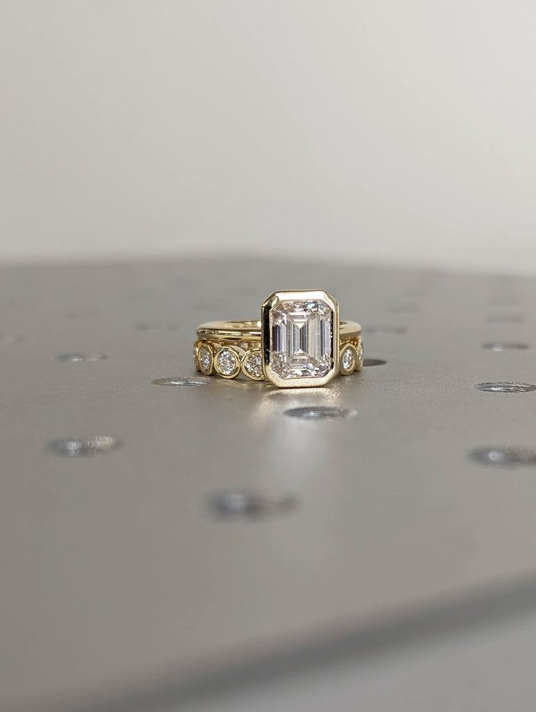 2CT Emerald Cut Moissanite Solitaire Ring, 14K Yellow Gold Engagement Ring, Bezel Setting, Statement Ring, Gift For Her, Bridal Set