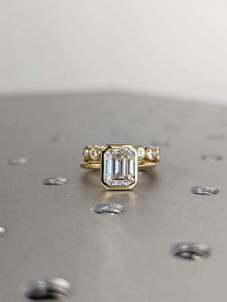 2CT Emerald Cut Moissanite Solitaire Ring, 14K Yellow Gold Engagement Ring, Bezel Setting, Statement Ring, Gift For Her, Bridal Set