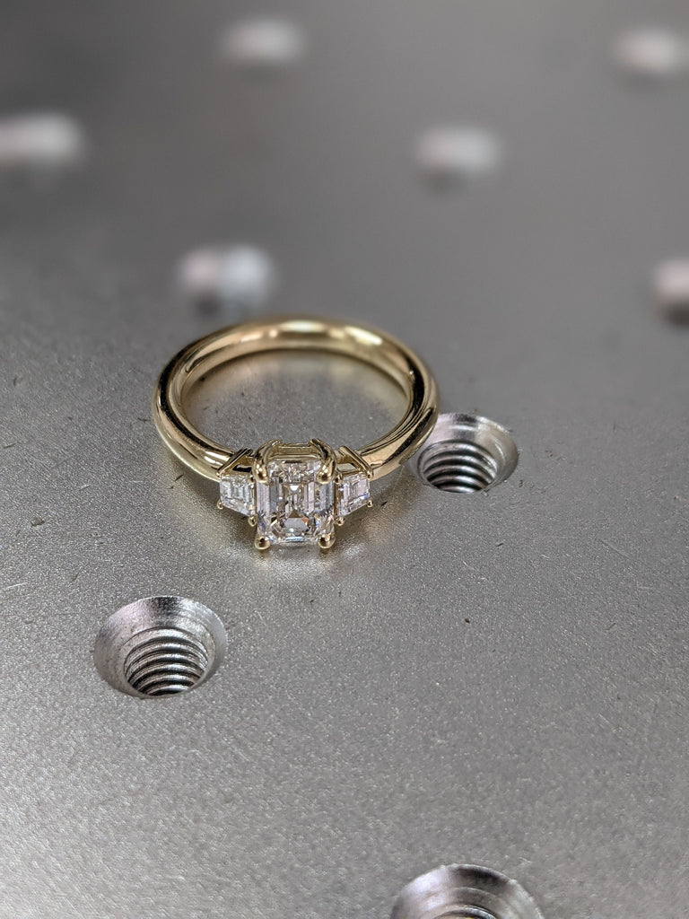 Three Stone Emerald Cut Moissanite Engagement Ring, Side Trapezoid Moissanite, Three Stone Engagement Ring, Emerald Cut and trapezoid Cut