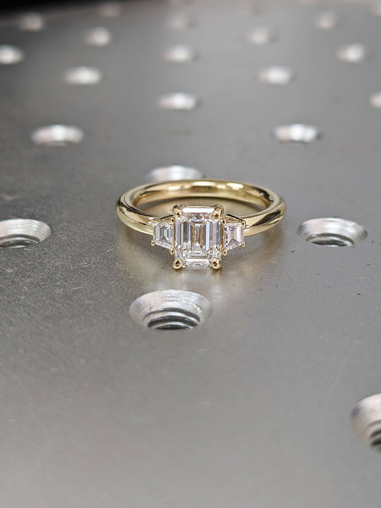 Three Stone Emerald Cut Moissanite Engagement Ring, Side Trapezoid Moissanite, Three Stone Engagement Ring, Emerald Cut and trapezoid Cut