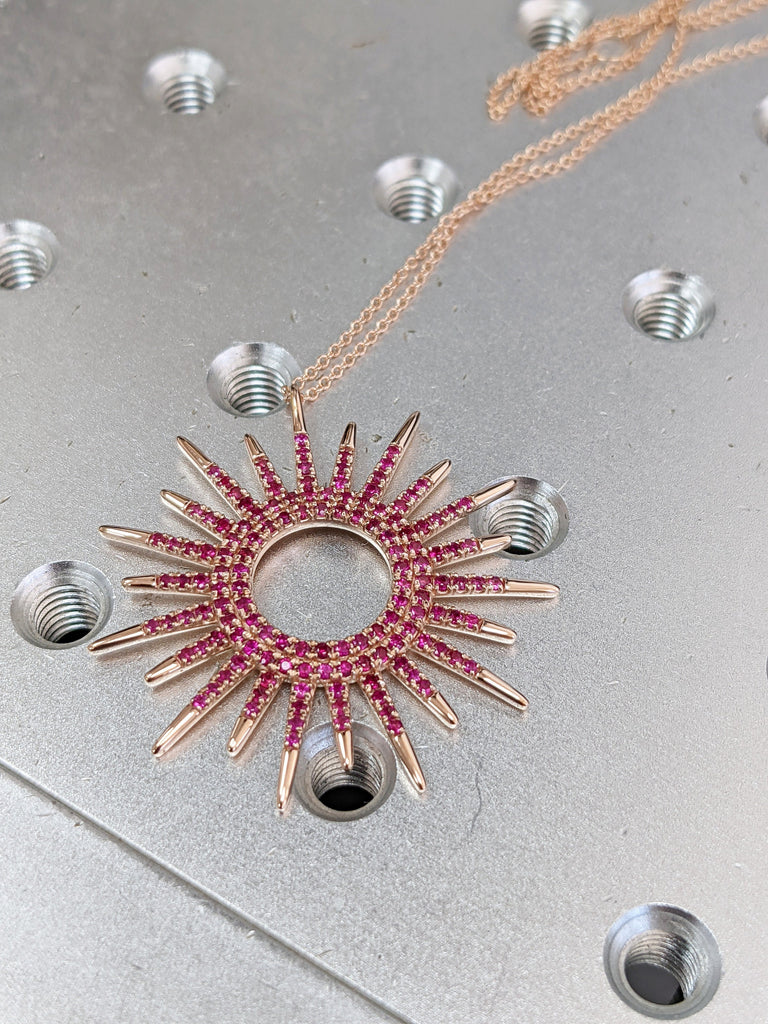 Gold Ruby Sunshine Pendant Necklace, 10k 14k 18k Solid Gold Sun Necklace, Graduation Gift for Best Friend, Celestial Jewelry