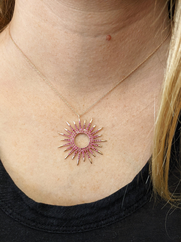 Gold Ruby Sunshine Pendant Necklace, 10k 14k 18k Solid Gold Sun Necklace, Graduation Gift for Best Friend, Celestial Jewelry