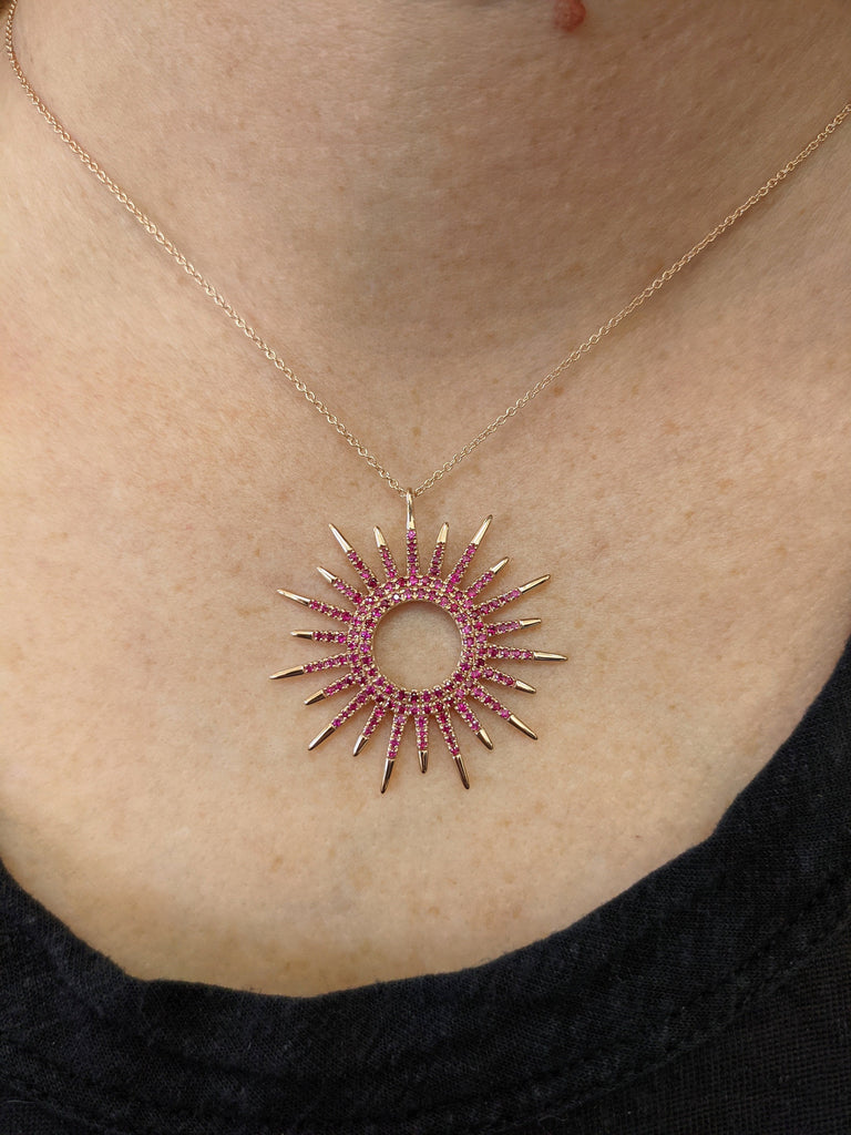 Gold Ruby Sunshine Pendant Necklace, 10k 14k 18k Solid Gold Sun Necklace, Graduation Gift for Best Friend, Celestial Jewelry