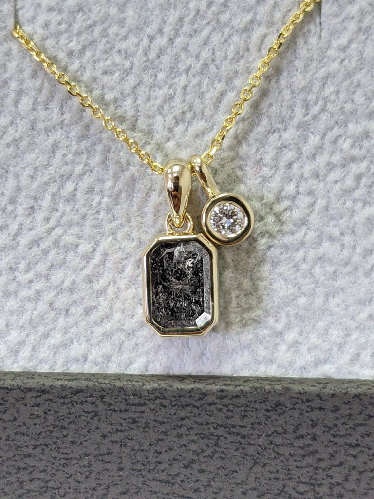 Salt And Pepper Diamond Solitaire Necklace 14k Yellow Gold / Diamond Bezel Necklace / 14k Gold Diamond Solitaire Pendant / Delicate