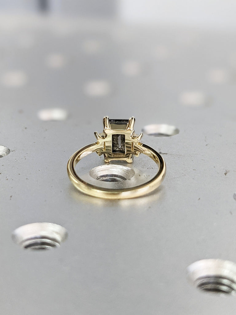 Raw Diamond baguette Moissanite Baguette, Salt and Pepper, Unique Bridal Engagement, Rose Cut Geometric Diamond Ring, Custom Handmade