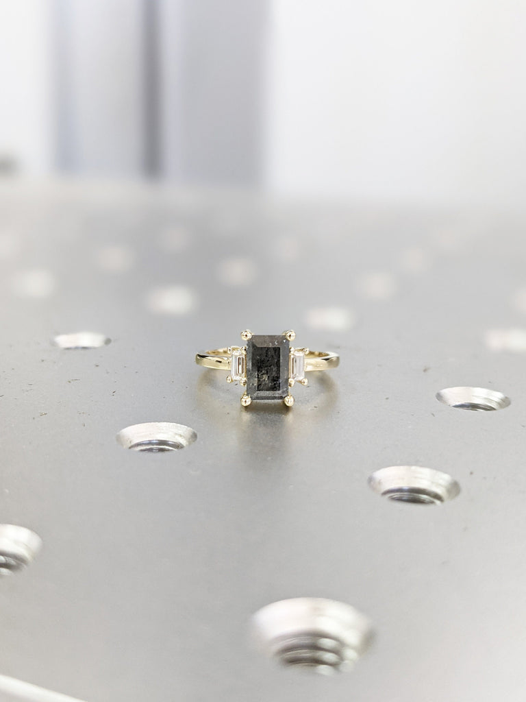 Raw Diamond baguette Moissanite Baguette, Salt and Pepper, Unique Bridal Engagement, Rose Cut Geometric Diamond Ring, Custom Handmade