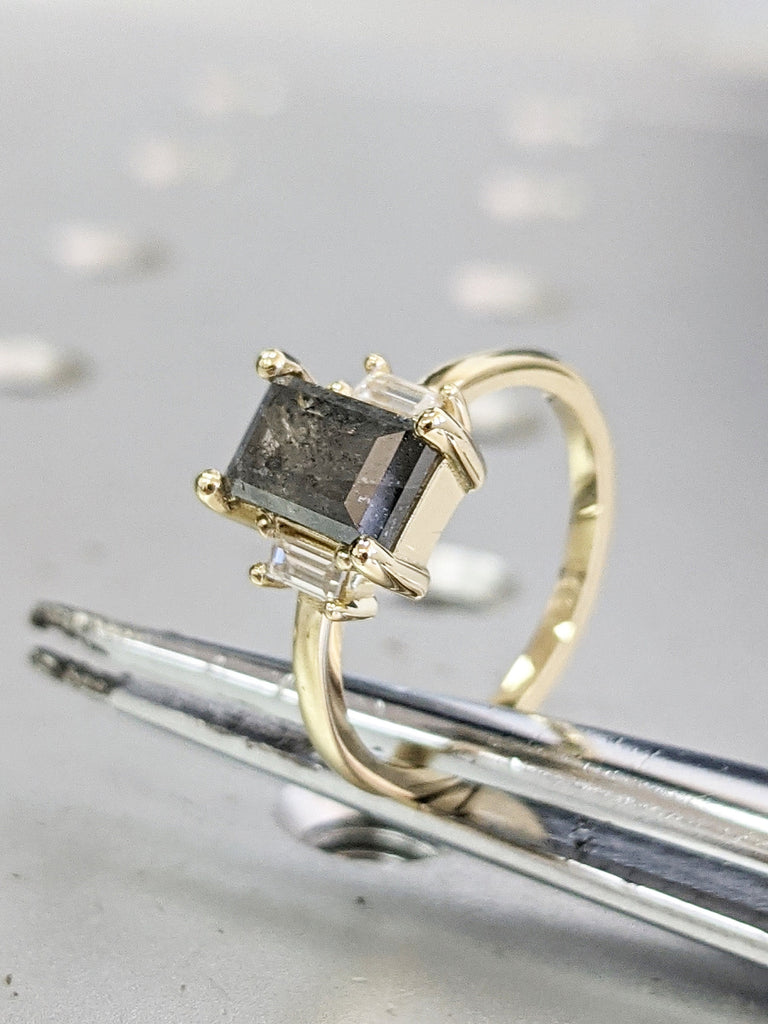 Raw Diamond baguette Moissanite Baguette, Salt and Pepper, Unique Bridal Engagement, Rose Cut Geometric Diamond Ring, Custom Handmade