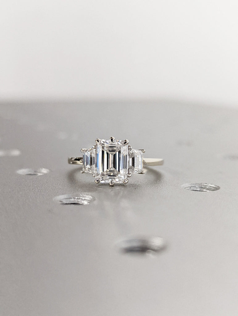 1.5CT Emerald Three Stone Moissanite Ring, 14K Rose Gold Engagement Ring, 3 Stone Side Trapazoid Ring, Anniversary Gift Ring For Her