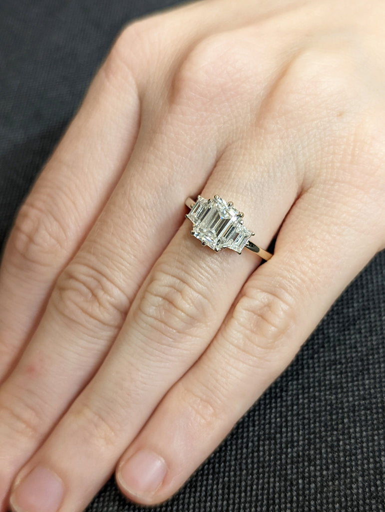 1.5CT Emerald Three Stone Moissanite Ring, 14K Rose Gold Engagement Ring, 3 Stone Side Trapazoid Ring, Anniversary Gift Ring For Her