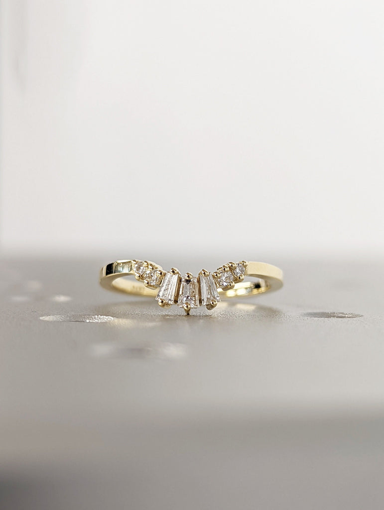 Moissanite Curved wedding band yellow gold chevron band Vintage