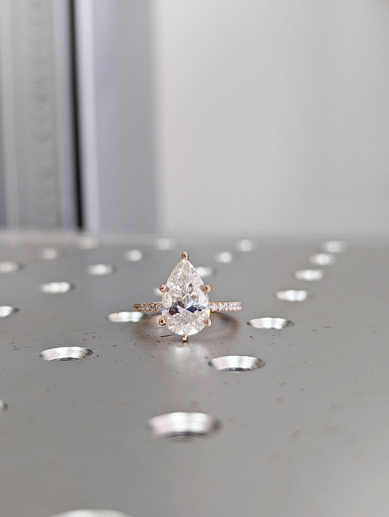 2.5 carat pear engagement ring skinny pear lab diamond 11.5x7.2 1.6 ratio 1.6mm thin band & hidden halo diamond ring