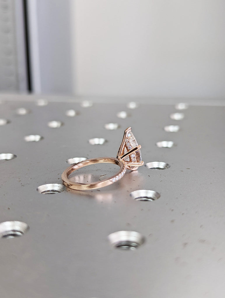 2.5 carat pear engagement ring skinny pear moissanite 11.5x7.2 1.6 ratio 1.6mm thin band & hidden halo moissanite ring