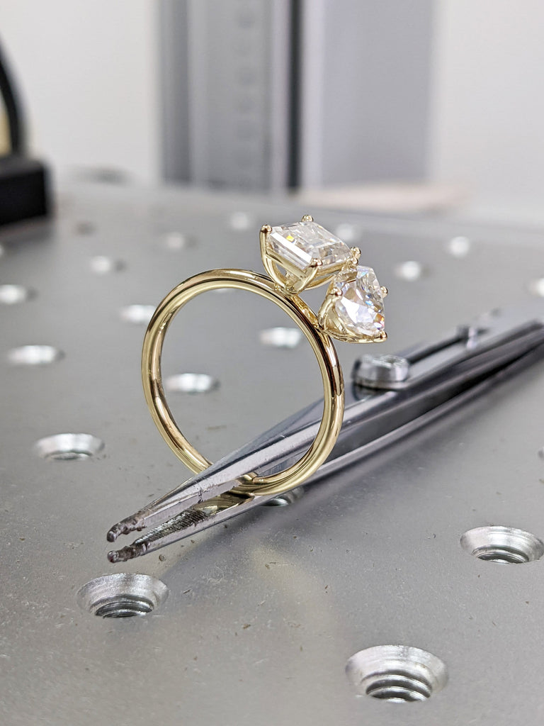 1.5 Carat Double Stone Engagement Ring Pear Cut and Emerald Cut Moissanite Two Stone Wedding Ring 14K White Yellow Rose Gold