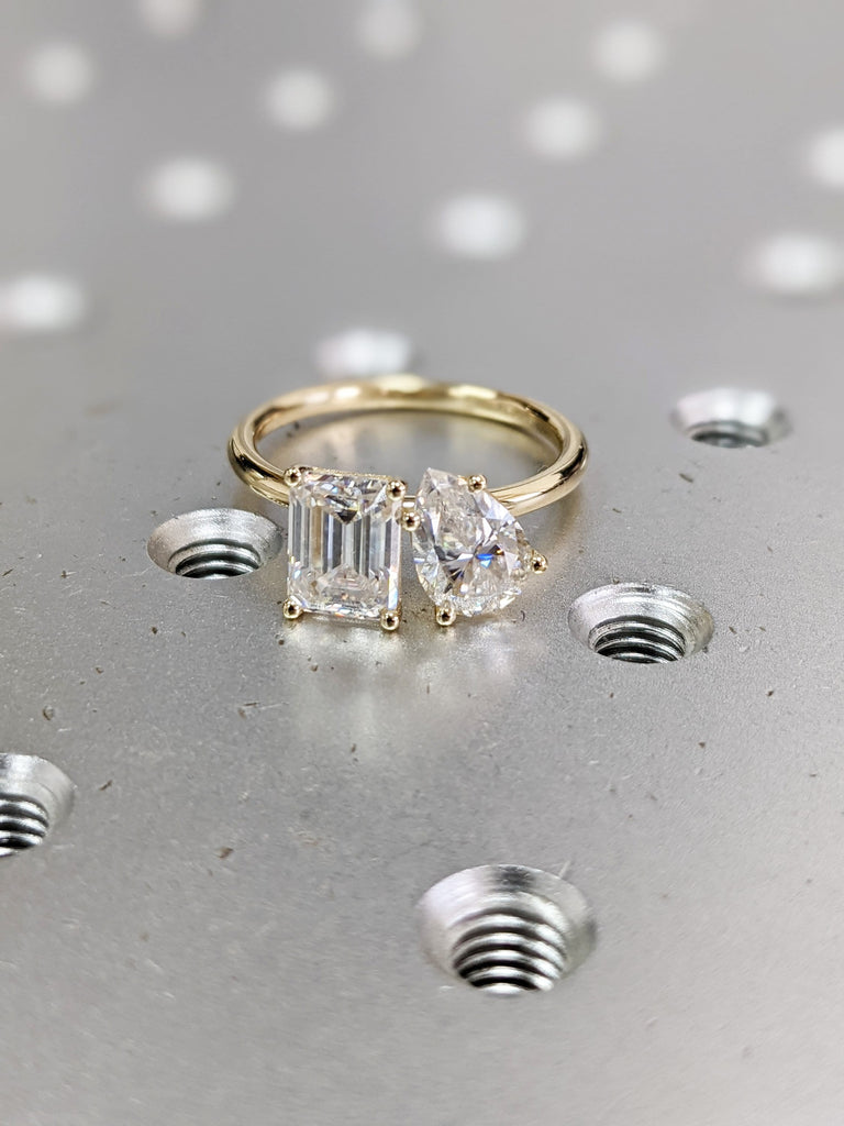 1.5 Carat Double Stone Engagement Ring Pear Cut and Emerald Cut Moissanite Two Stone Wedding Ring 14K White Yellow Rose Gold