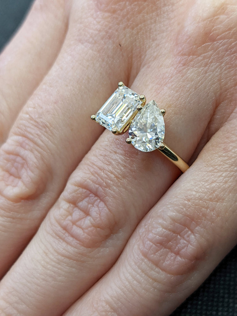 1.5 Carat Double Stone Engagement Ring Pear Cut and Emerald Cut Moissanite Two Stone Wedding Ring 14K White Yellow Rose Gold