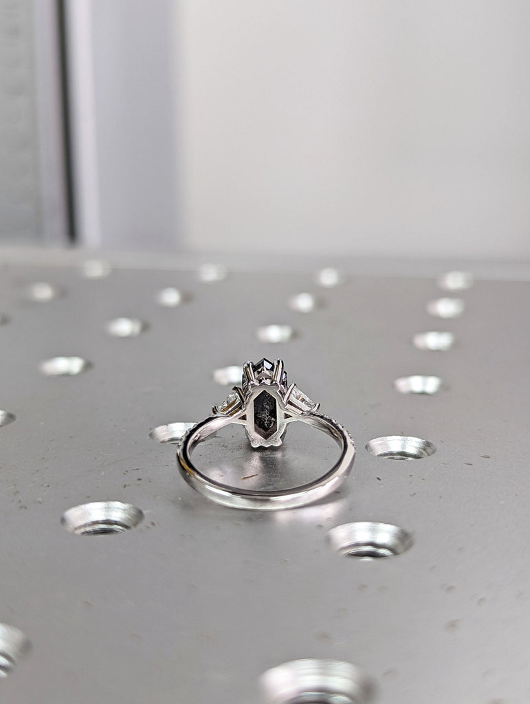 Galaxy Raw Diamond Hexagon Triangle Diamond, Salt and Pepper, Unique Bridal Engagement Set, Rose Cut Geometric Diamond Ring, 14k white gold