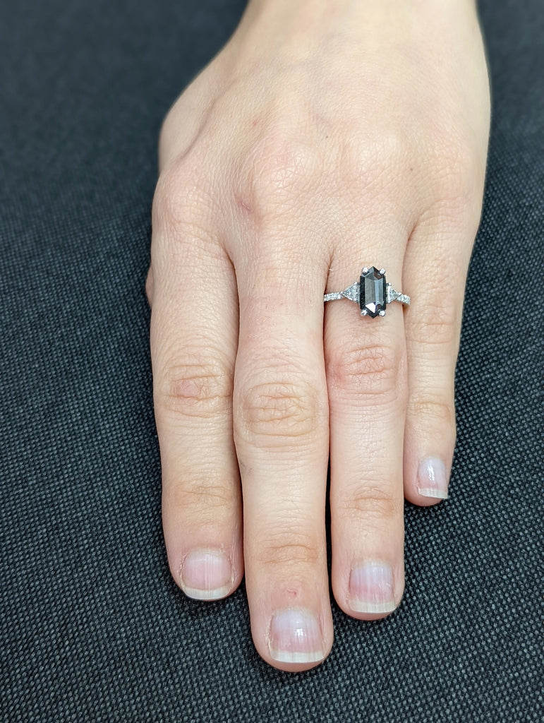 Galaxy Raw Diamond Hexagon Triangle Diamond, Salt and Pepper, Unique Bridal Engagement Set, Rose Cut Geometric Diamond Ring, 14k white gold