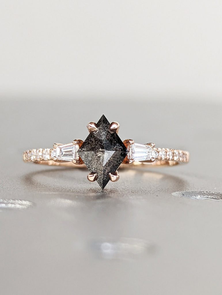 Raw Diamond Kite Baguette Diamond, Salt and Pepper, Unique Engagement Ring, Rose Cut Geometric Diamond Ring, 14k Gold, Custom Handmade