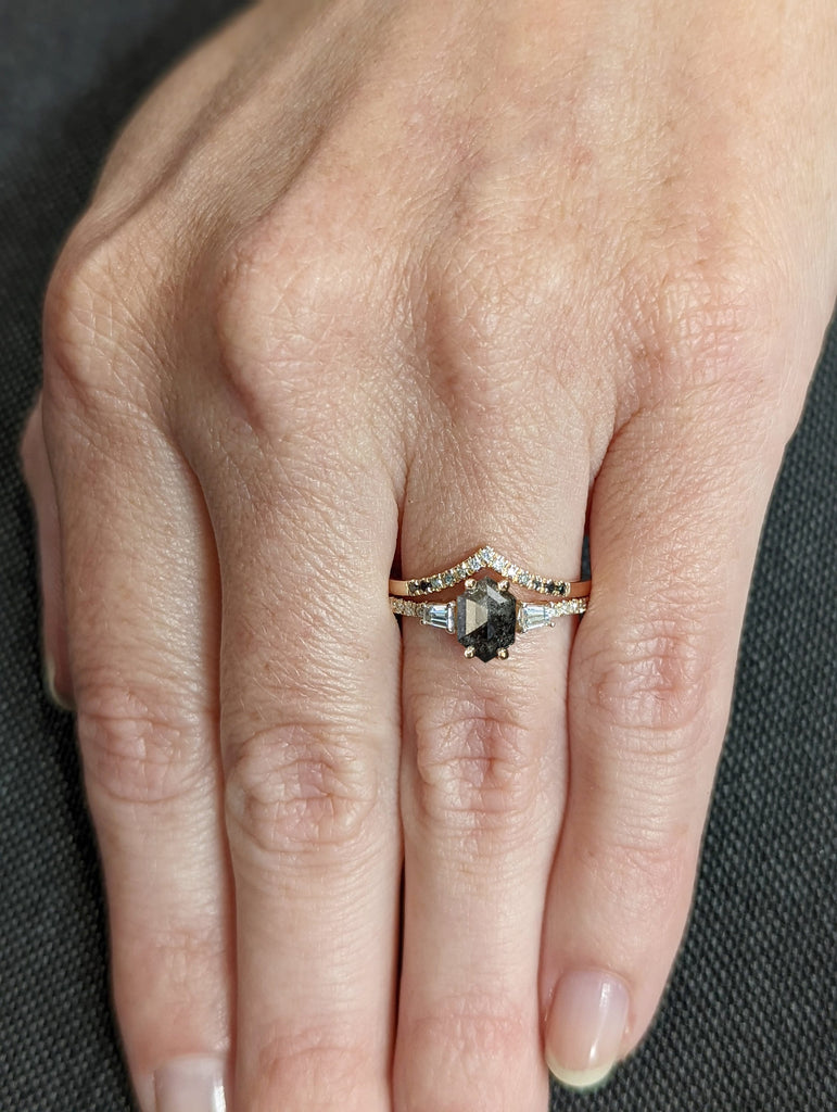 Raw Diamond Hexagon Baguette Diamond, Salt and Pepper, Unique Engagement Ring, Rose Cut Geometric Diamond Ring, 14k Gold, Custom Handmade