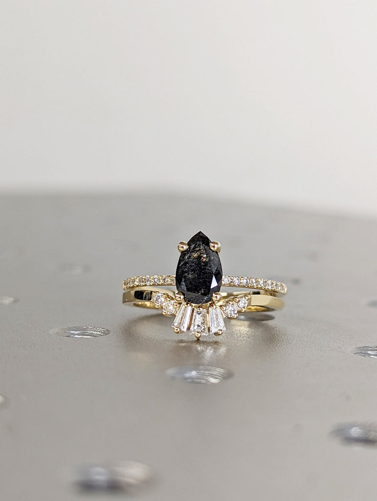 1 Carat 1920's Raw Salt and Pepper Diamond, Pear Diamond Ring, Unique Engagement Bridal Set, Black, Gray Pear, 14k Yellow, Rose White Gold