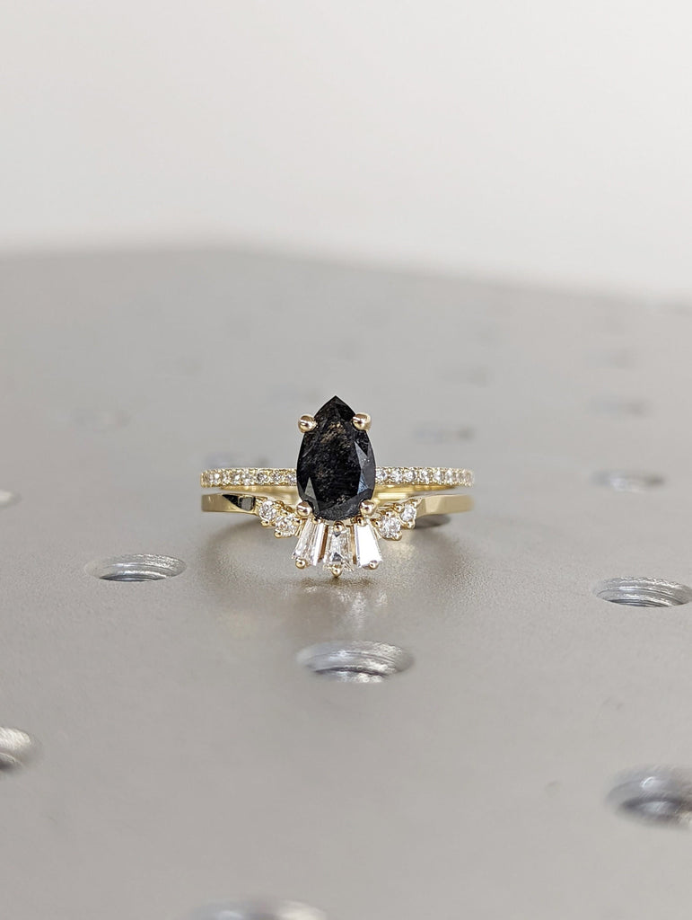 1 Carat 1920's Raw Salt and Pepper Diamond, Pear Diamond Ring, Unique Engagement Bridal Set, Black, Gray Pear, 14k Yellow, Rose White Gold