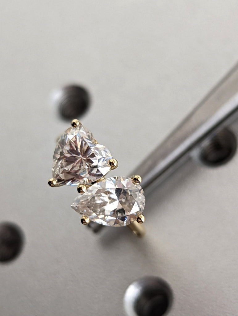 1.5 Carat Double Stone Engagement Ring Pear Cut and Heart Cut Moissanite Two Stone Wedding Ring 14K White Yellow Rose Gold