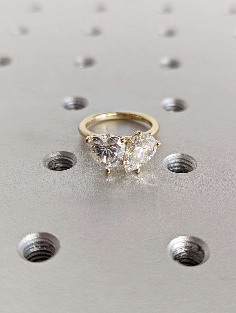 1.5 Carat Double Stone Engagement Ring Pear Cut and Heart Cut Moissanite Two Stone Wedding Ring 14K White Yellow Rose Gold