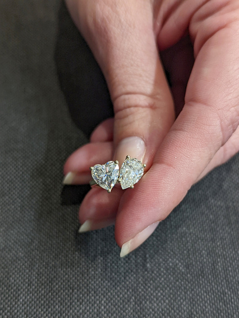 1.5 Carat Double Stone Engagement Ring Pear Cut and Heart Cut Moissanite Two Stone Wedding Ring 14K White Yellow Rose Gold