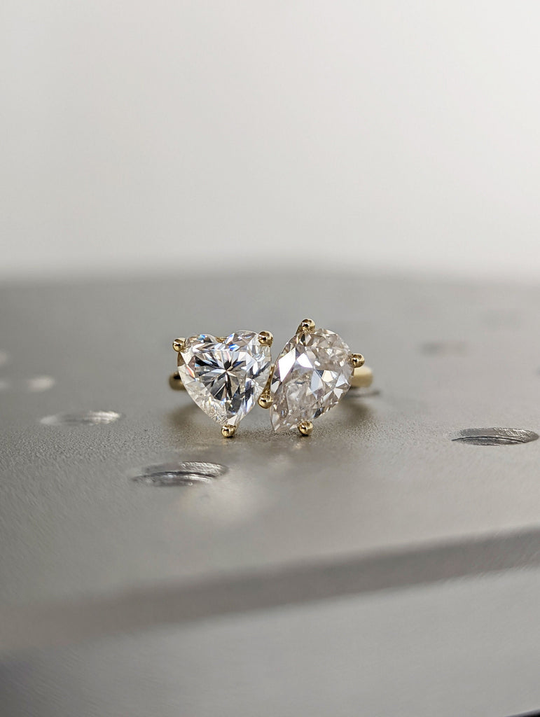 1.5 Carat Double Stone Engagement Ring Pear Cut and Heart Cut Moissanite Two Stone Wedding Ring 14K White Yellow Rose Gold