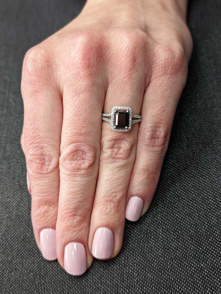 White Gold Black Diamond Emerald Cut Halo Ring (1/2 Ct. Tw.) Gemstone Encrusted, Paved, Emerald Shape Halo, Adorned Profile, Maeva