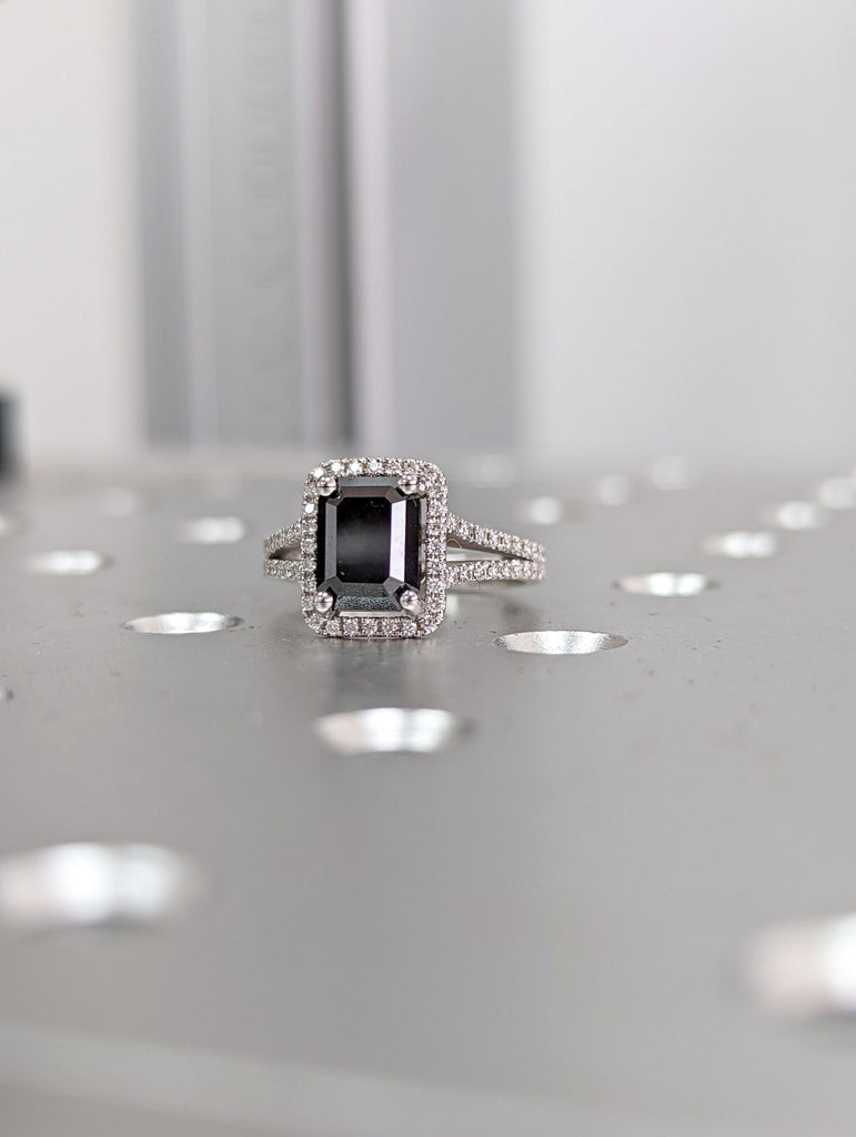 White Gold Black Diamond Emerald Cut Halo Ring (1/2 Ct. Tw.) Gemstone Encrusted, Paved, Emerald Shape Halo, Adorned Profile, Maeva