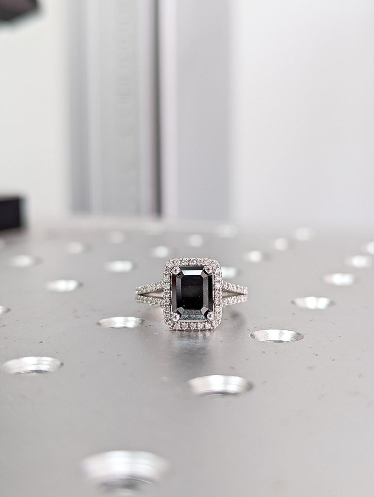 White Gold Black Diamond Emerald Cut Halo Ring (1/2 Ct. Tw.) Gemstone Encrusted, Paved, Emerald Shape Halo, Adorned Profile, Maeva