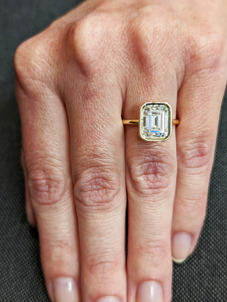 3CT Emerald Cut Moissanite Solitaire Ring, 14K Yellow Gold Engagement Ring, Bezel Setting, Statement Ring, Gift For Her, Bridal Set