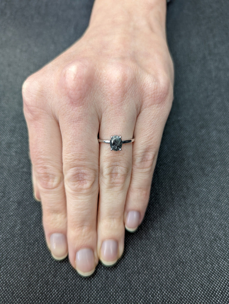 Raw Diamond, Salt and Pepper, Oval, Unique Engagement Ring, Rose Cut Geometric Diamond Ring, 14k Gold, Custom Handmade