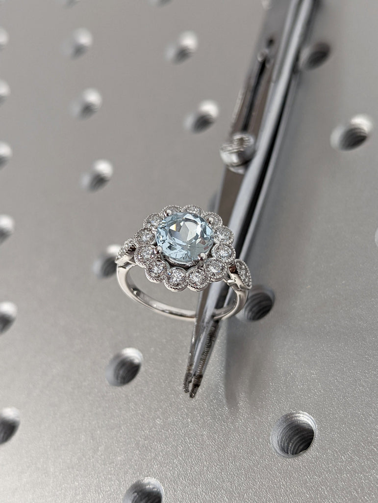 Aquamarine Ring, 14k White Gold Flower Ring, Engagement Ring for Her, Delicate Promise Ring, Anniversary gift, Perfect Christmas Gift